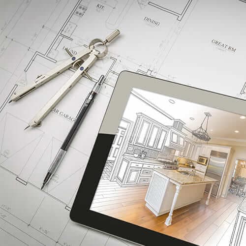 Kitchen design consultation with plans and tablet